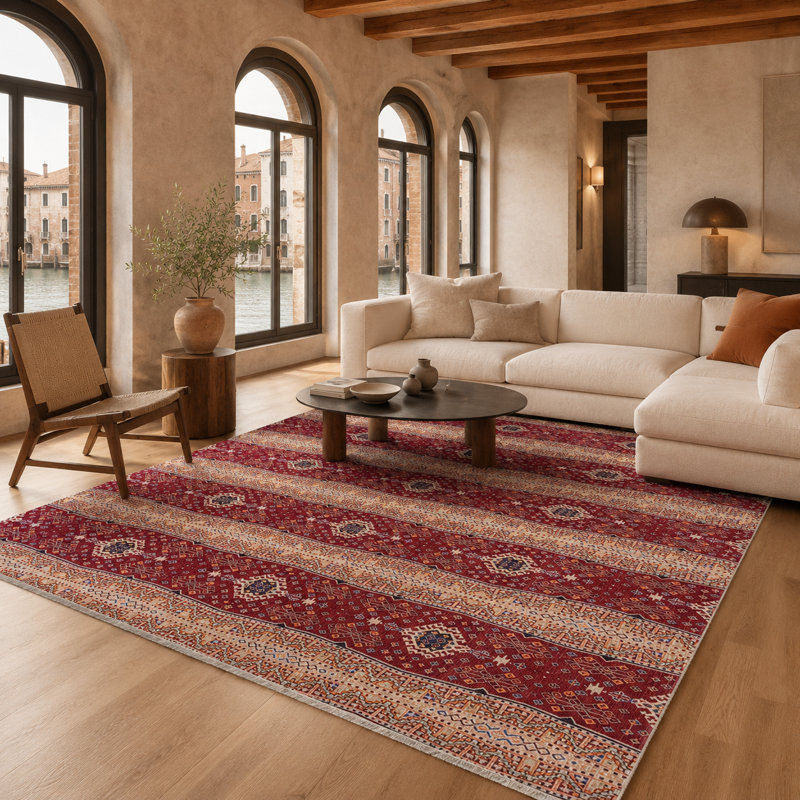 Oriental Cotton and Chenille Flatweave Area Rug, 200 cm round