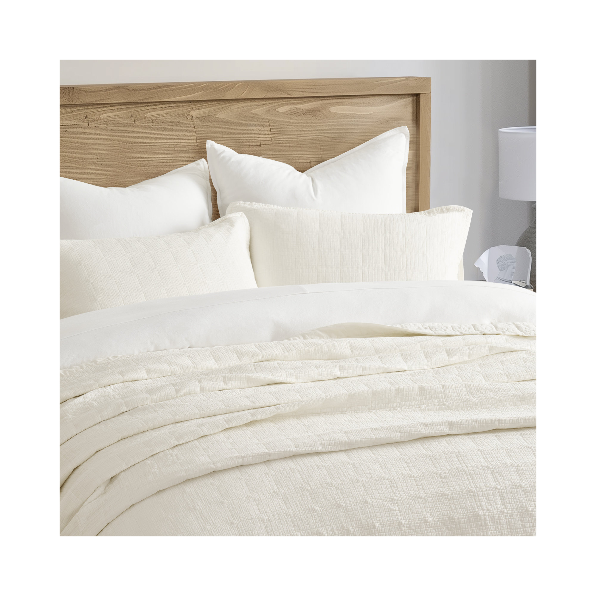 Stonewashed Crinkle Cotton Box Stitch Quilt Set, Ivory White, King Quilt + 2 King Shams