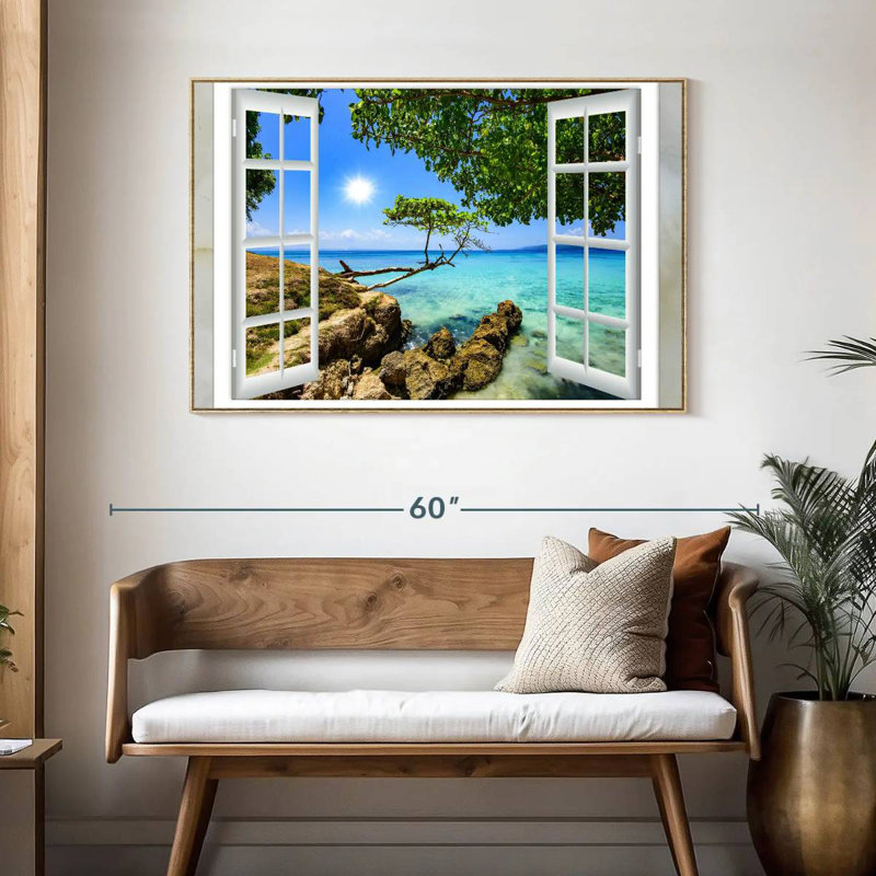 Window View, Floating Frame Natural Wood, 46" X 31"