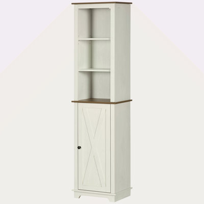 Armoire de rangement mince pour salle de bain avec trois tablettes ouvertes, tour à linge autoportante en bois avec porte et tablette réglable