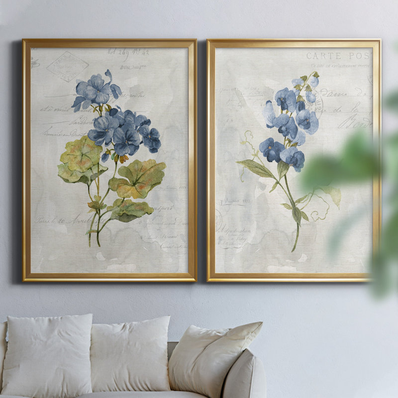 Lin bleu géranium - ensemble de 2 reproductions d'art, H 22,5 po x l 61 po x P 1,5 po, Toile encadrée d'or, Pas de tapis