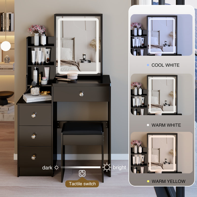 Compact Vanity Table with LED Mirror & Stool, Dressing Table with Adjustable Lighting & Storage