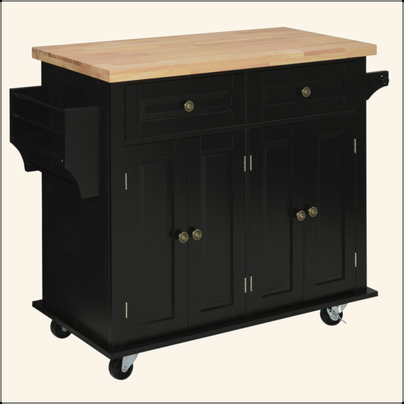 Kitchen Island On Wheels, Rolling Cart With Rubberwood Top, Spice Rack, Towel Rack And Drawers For Dining Room, Black