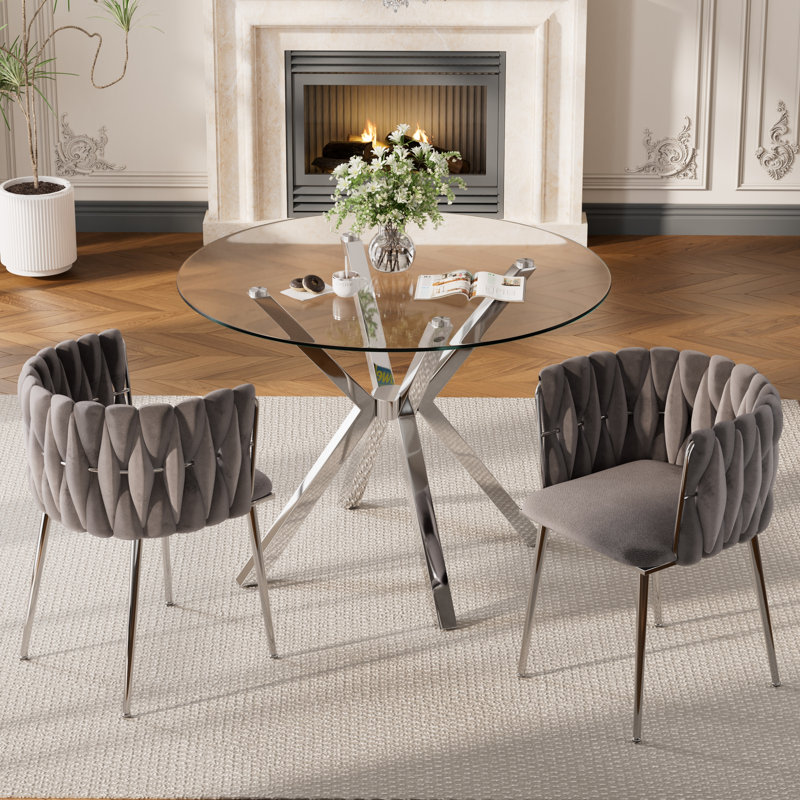 Modern Round Clear Dining Table Set, Tempered Glass Dining Table With Velvet Weavon Dining Chair For Dining Room, Gray/Silver