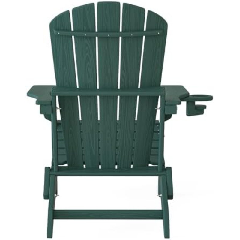 Folding Adirondack Chair, SGS Tested, Wooden Textured With Cup Holder, Heavy All-Weather HDPE Comfortable Set Poolside Backyard Lawn Green Set 2