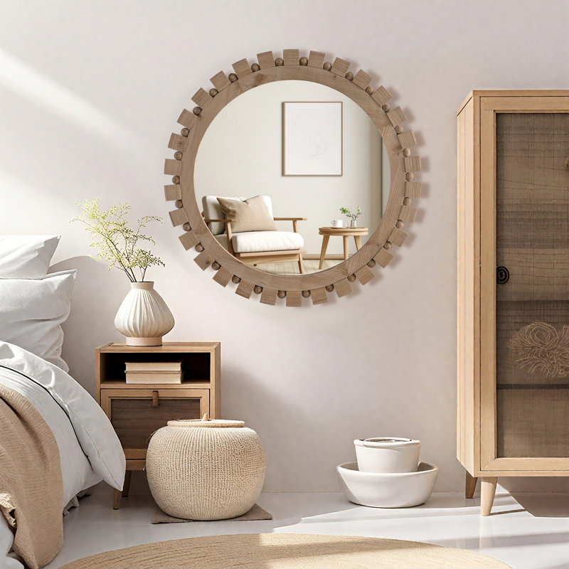 28"×28" Bohemian Style Natural Solid Wood Frame Gear Shape Round Wall Mounted Mirror For Living Room&Bedroom, 28" x 28"