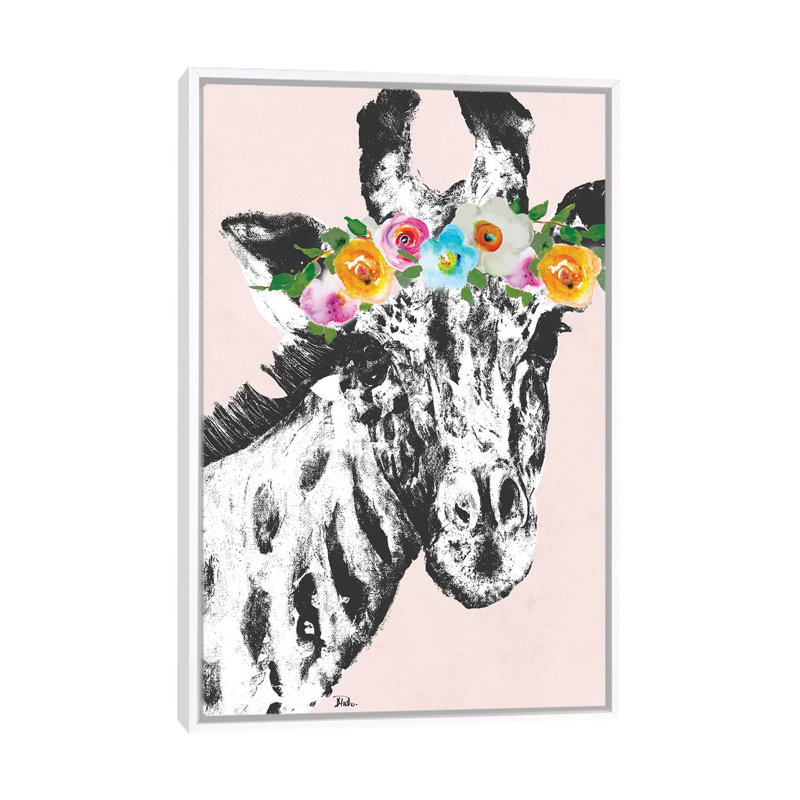 Reproduction d’art, "Flower Crown Giraffe" par Patricia Pinto, Toile blanche encadrée, Pas de tapis
