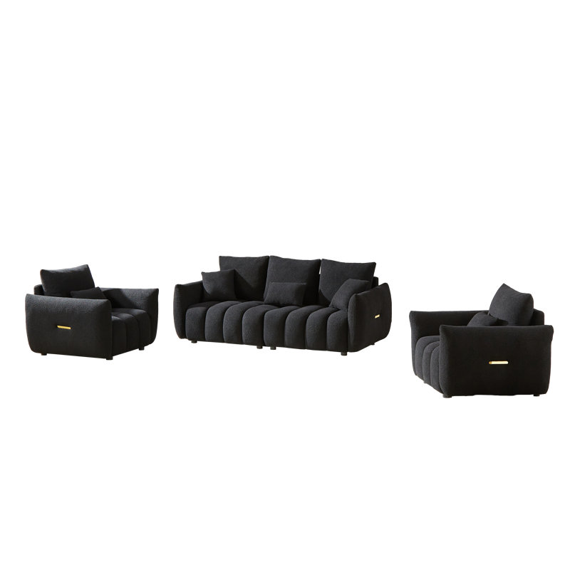 Ensemble de canapé rembourré Chirles avec cadre en bois et coussins amovibles, Black