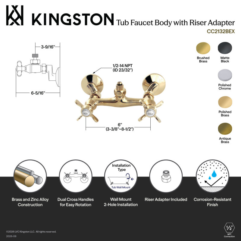 Corps de robinet de baignoire mural en laiton Kingston avec adaptateur Riser Kingston, Noir mat