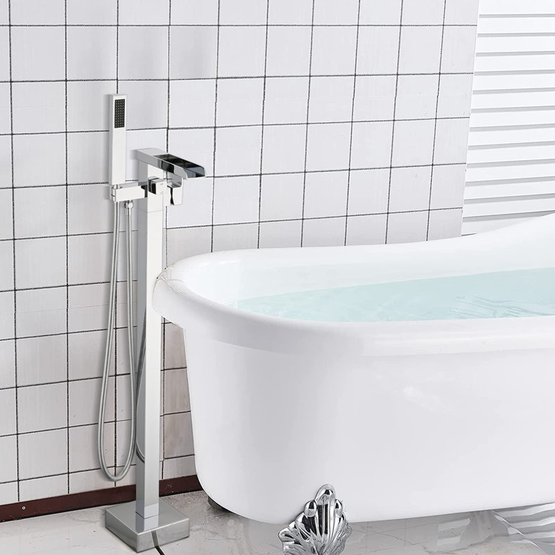 Freestanding Waterfall Tub Filler with Hand Shower, Chrome