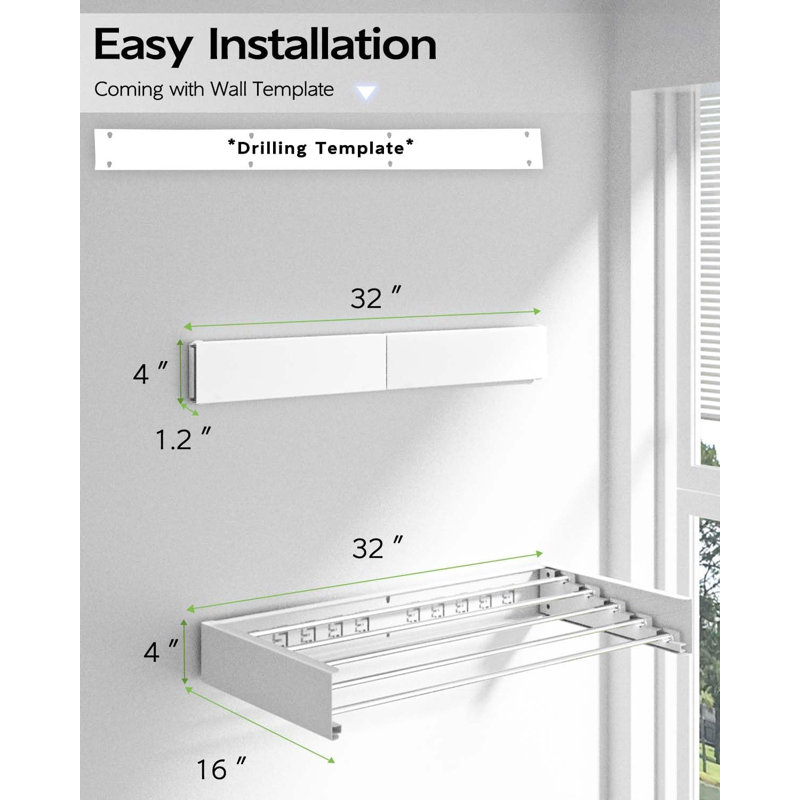 Foldable Wall-Mounted Drying Rack, 4" H x 32" W x 16" D, White