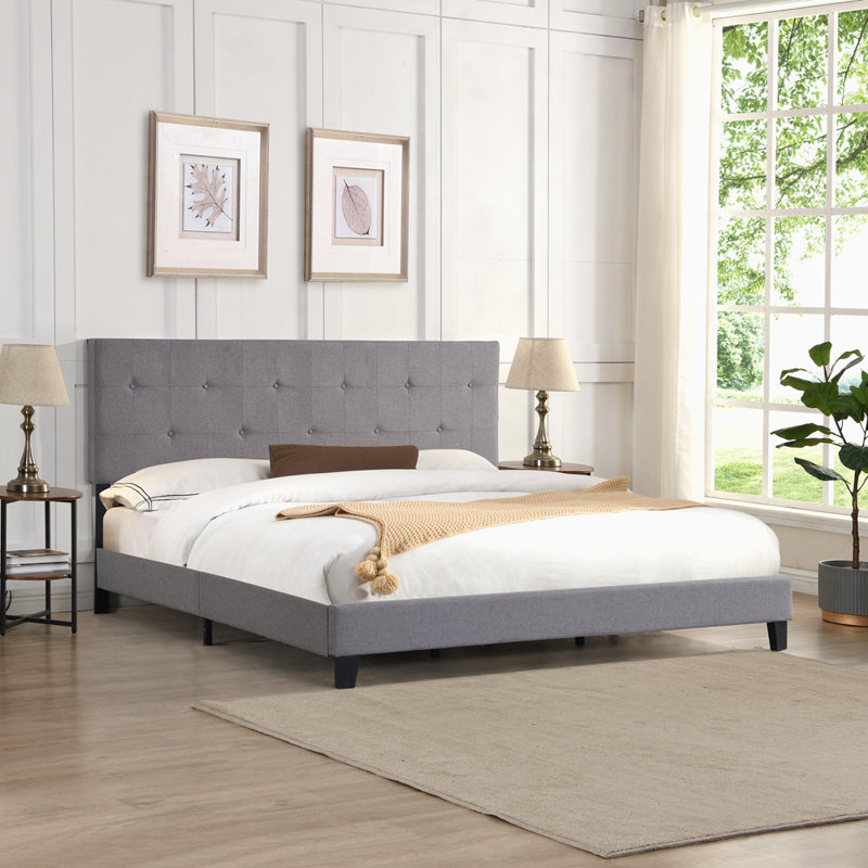 King Size Upholstered Platform Bed Frame With Button Tufted Linen Fabric Headboard, No Box Spring Needed, Wood Slat Support, Easy Assembly, Gray