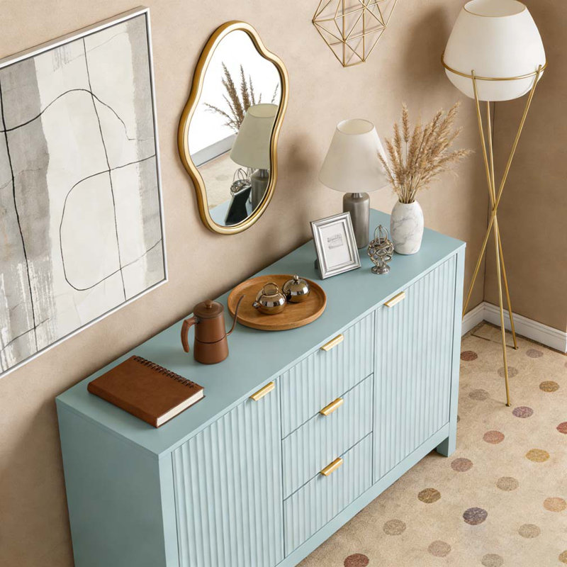 Sideboard with Wave Design - 3 Adjustable Shelves, 3 Drawers & Soft-Close Doors, Cyan