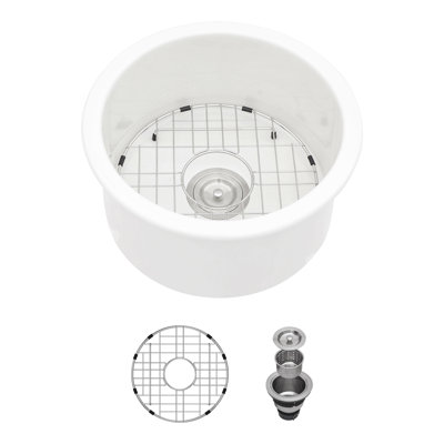 Évier de cuisine circulaire en céramique à simple cuve 18 pouces avec assemblage de drain et grille inférieure