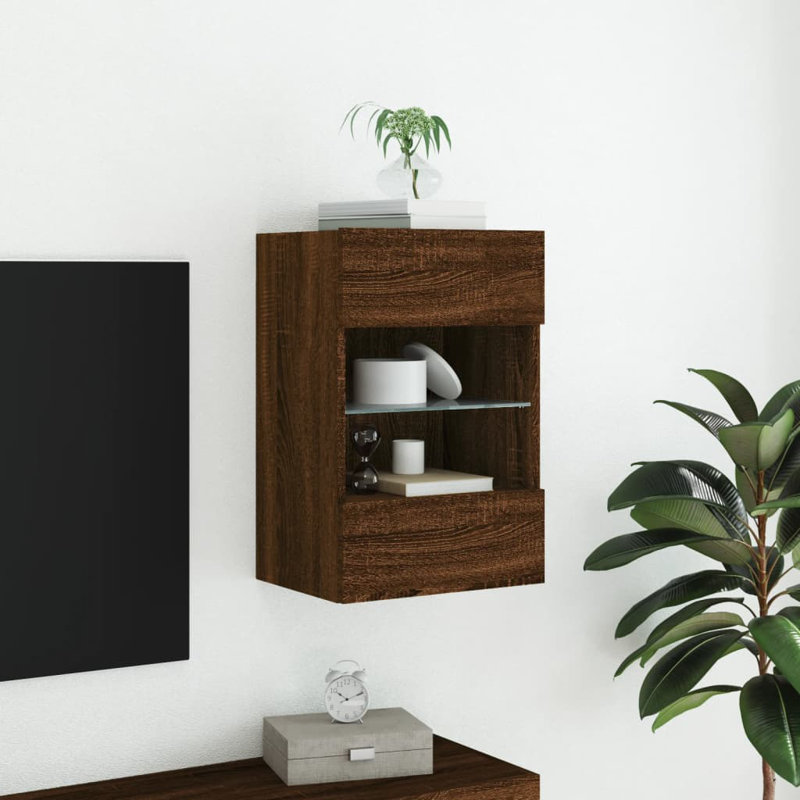 Bryssa Unfinished TV Stand for TVs up to 24" with Fireplace Included, Brown Oak