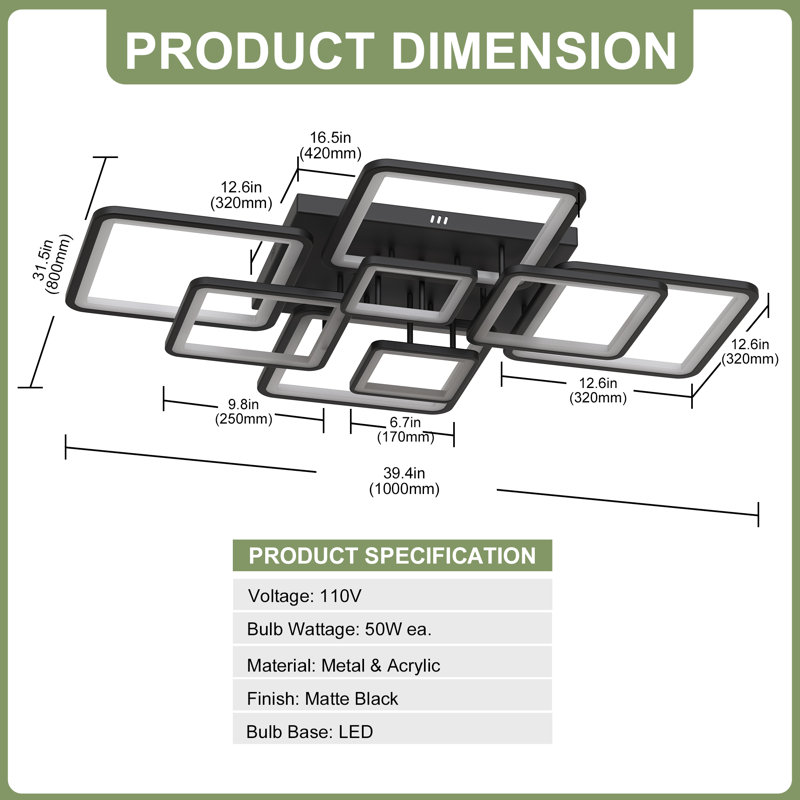39.4''(W) Modern Square LED Flush Mount Ceiling Light