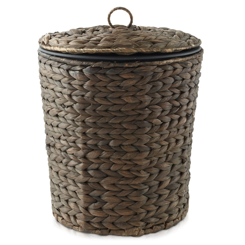 Water Hyacinth Waste Basket w Lid - Natural, Woven Bathroom Trash Can, Brown