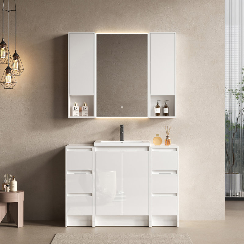 Meuble-lavabo autoportant de 48 po avec lavabo en résine, 2 armoires de rangement, 2 armoires murales, portes et tiroir à fermeture en douceur, contreplaqué (KD-Packing)