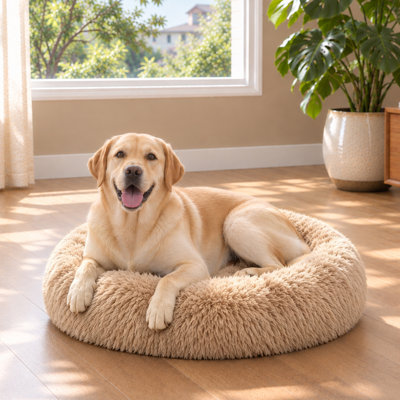 Lit rond moelleux et doux en fausse fourrure longue, en forme de beigne, pour chiens de taille moyenne, anti-anxiété et lavable.
