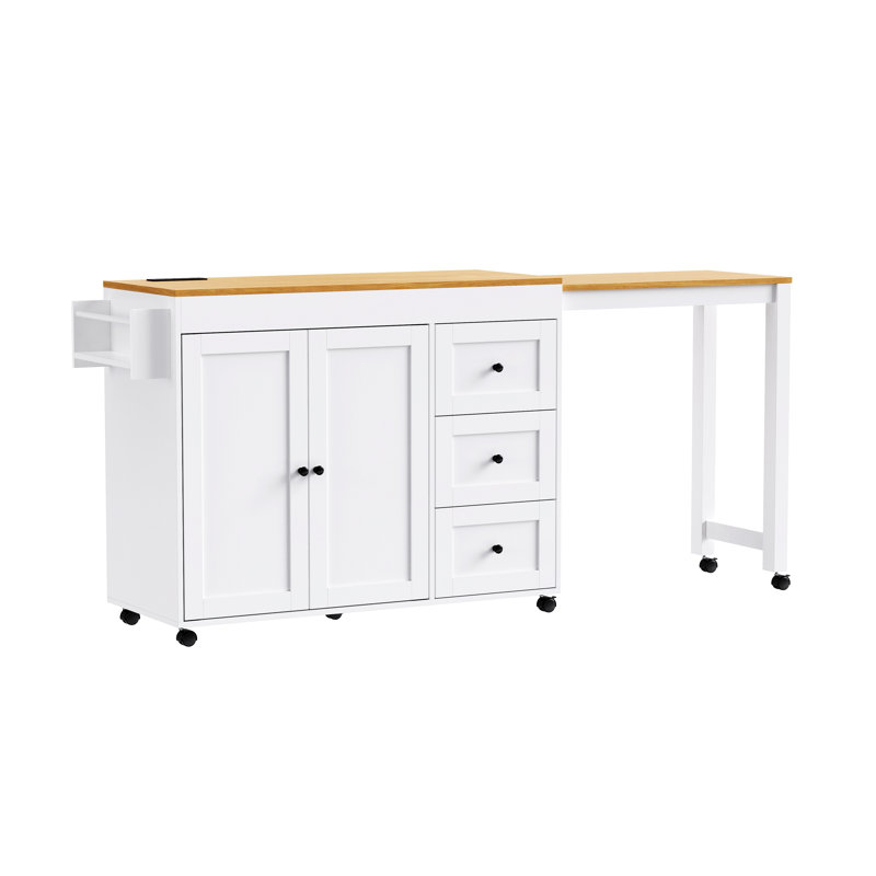 74.8" Kitchen Island With Extendable Dining Table, Kitchen Storage Cart With 3 Drawers, Power Outlet, Rolling Kitchen Island On Wheels With Spice Rack And 2 Door Cabinet, For Kitchen