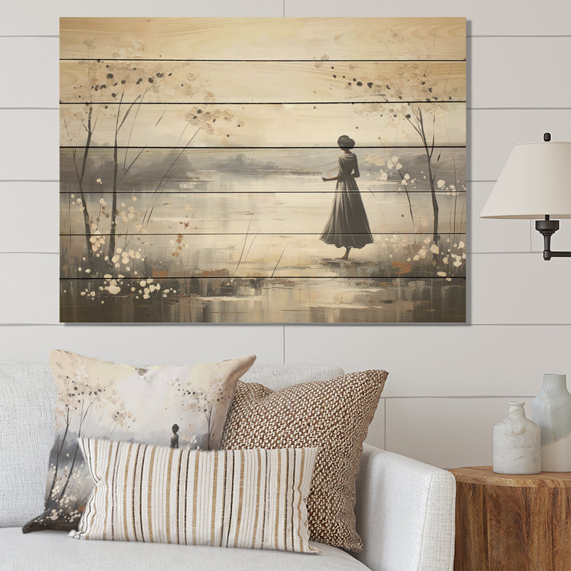 «Solitude Woman Calming Reflection Landscape» - Ballet sur bois, H 10 po x l 20 po