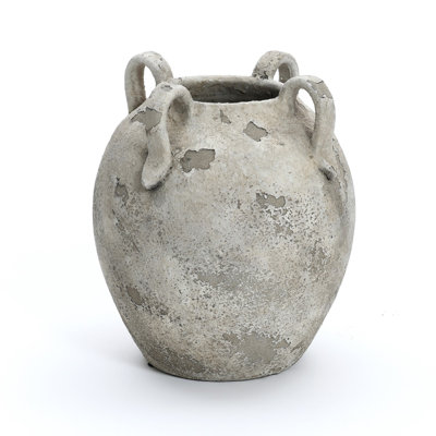 Vintage Mutli-Color Gray and White Terracotta 11-Inch Round Amphora Vase with Handles
