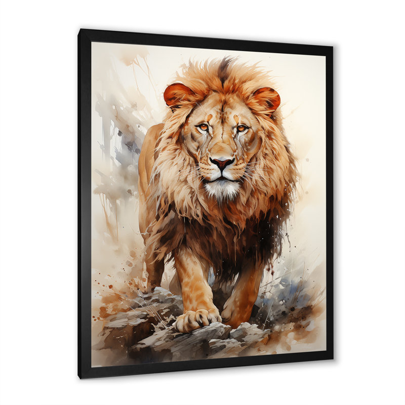 Intense Lions Gaze Realism I sur impression sur toile, Cadre simple noir, H 44 po x l 34 po x P 1,5 po