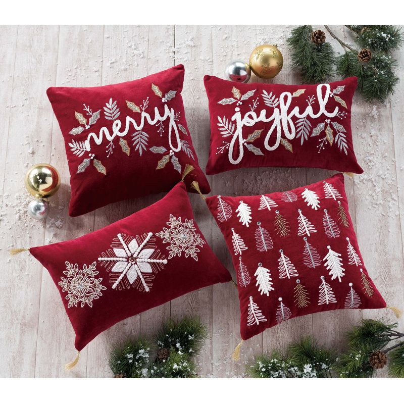 Red Velvet Embroidered Christmas Pillow with Metallic Accents