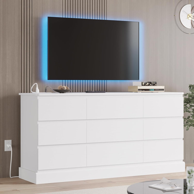 Commode de chambre moderne avec 9 tiroirs, commode avec rangement de grande capacité, commode longue, Blanc