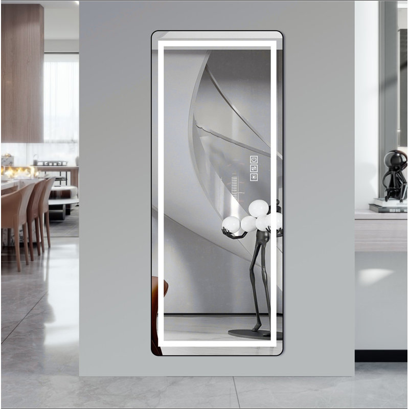 64 Inch X 21 Inch Full-Length Vertical Mirror With LED Light, Illuminated Floor Mirror With Bracket, Dimming Wall Mirror With Full-Length Aluminum Alloy Thin Frame, Black