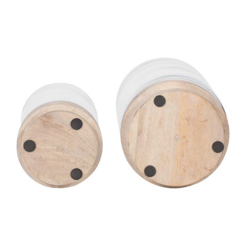 Sagebrook Home Iron and Glass Candle Holders on Mango Wood Base - Elegant Home Decor Essentials for Serenity, White
