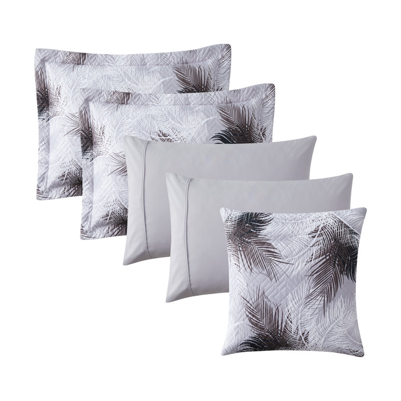 Gray Palm Leaf Microfiber Queen Bedspread Set