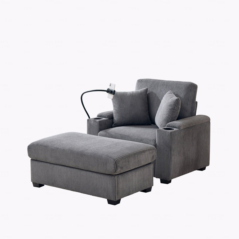 Fauteuil d'appoint 55 po surdimensionné avec repose-pieds et rangement, fauteuil d'appoint de base en velours côtelé confortable avec porte-gobelet, port de charge pour téléphone portable, fauteuil d'appoint inclinable de base