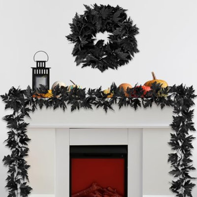 Halloween Garland, 2 Pack Black Maple Leaf Garland, Realistic Halloween Hanging Fall Leaves Vines, Artificial Decorations Leaves Garlands Decor Outdoor Indoor Mantel Stair Décor