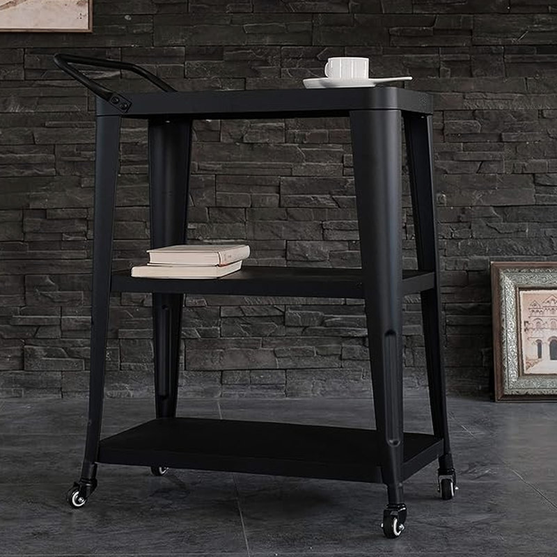 Black, 3 - Tiered, Industrial Dining Cart, All Metal Frame, Swivel Wheels, Easy Movement, Room Black Handle, Metal, Ample Space, Kitchen