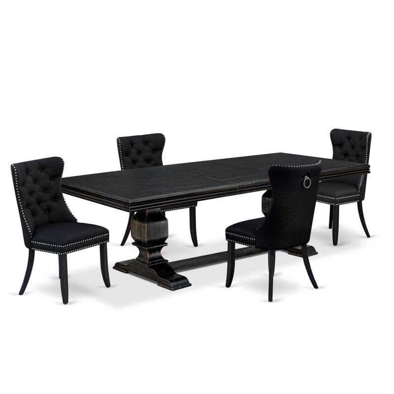 5-piece modern dining set consists of a dining table and 4 Black Polyester Fabric padded Chairs with Button Tufted Chair Back - Sand Blasting Black Finish.