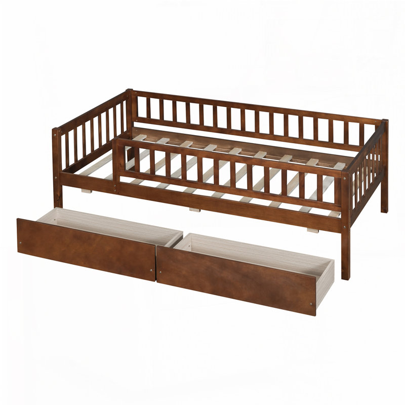 Lit en bois avec 2 tiroirs, Simple, Noyer
