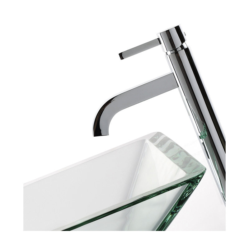 Square Glass Vessel Bathroom Sink with Faucet, Satin Nickel