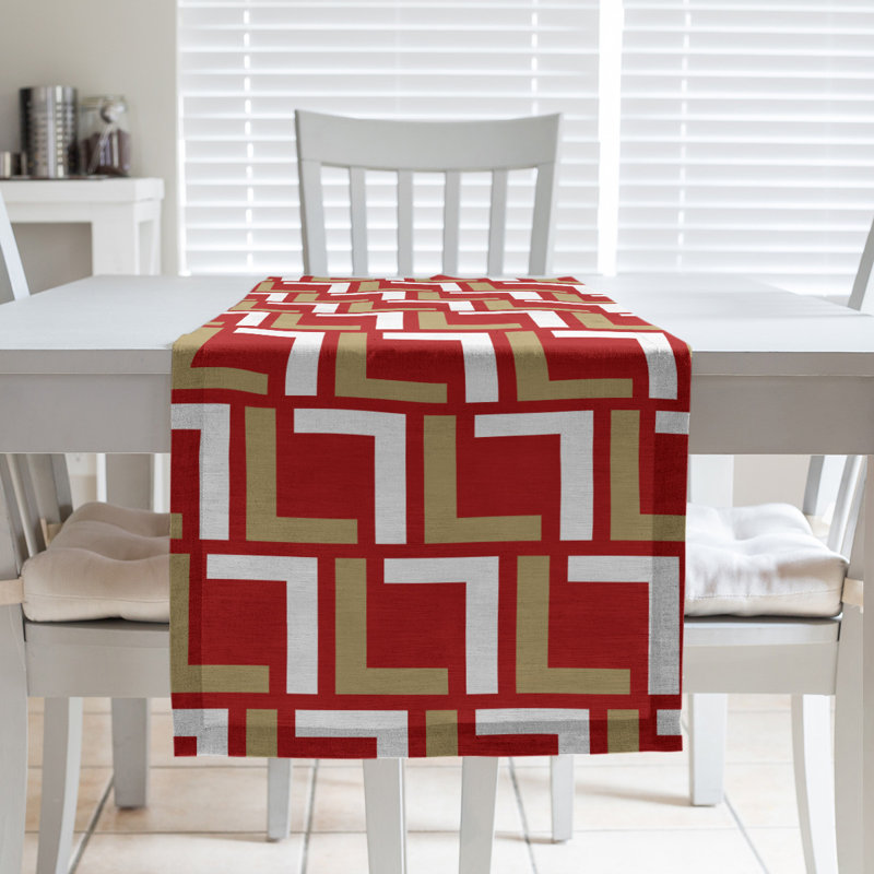 Chemin de table géométrique, 90 po x 16 po, Rouge / or / blanc, polyester