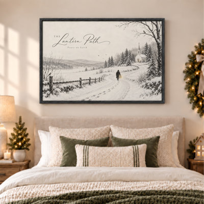Toile enneigée menant à une église avec une personne tenant une toile de Noël, art mural