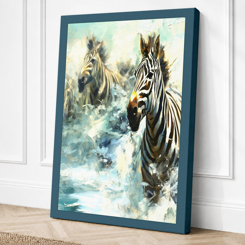 Zebras In Motion Modern - Print, 30x20 - 76.2 x 50.8 cm, Teal Border