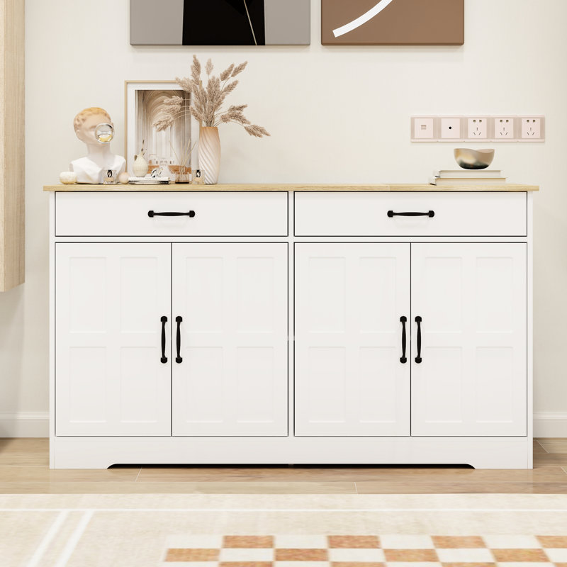 Buffet blanc de 56,46 po avec 2 tiroirs et 4 portes. Polyvalent pour la maison. Buffet grand format stable et sécuritaire, pour différentes pièces. Fabriqué. Installation simple