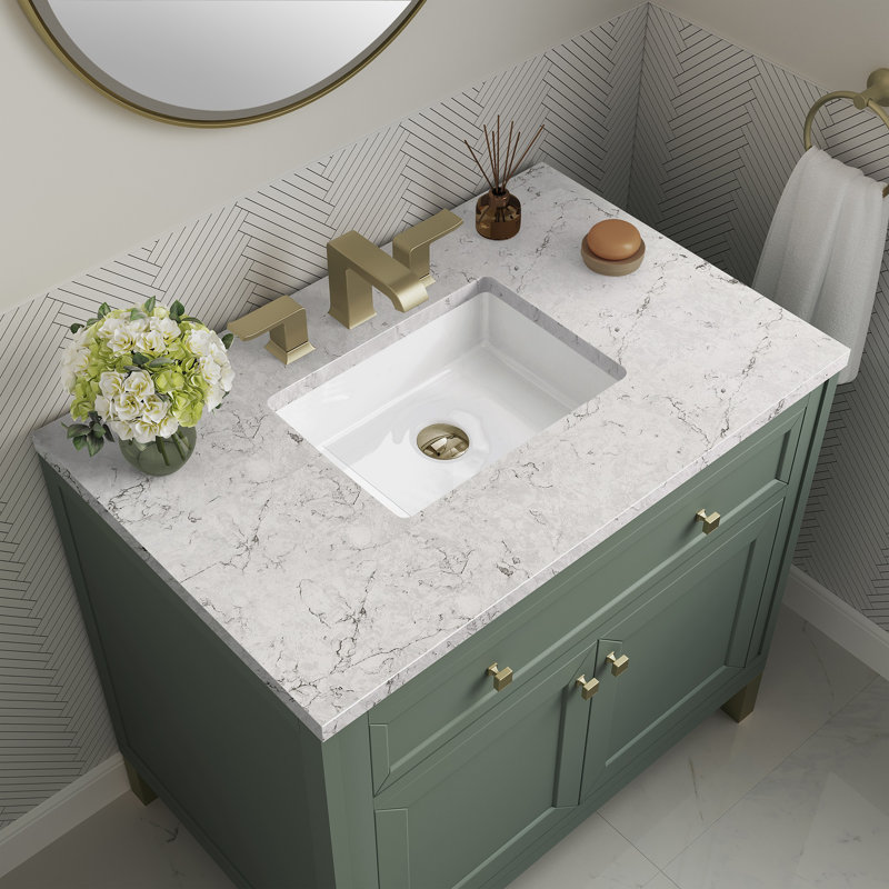 Chicago 36' W Single Vanity, Smokey Celadon, Eternal Jasmine Pearl Quartz, 8" Widespread