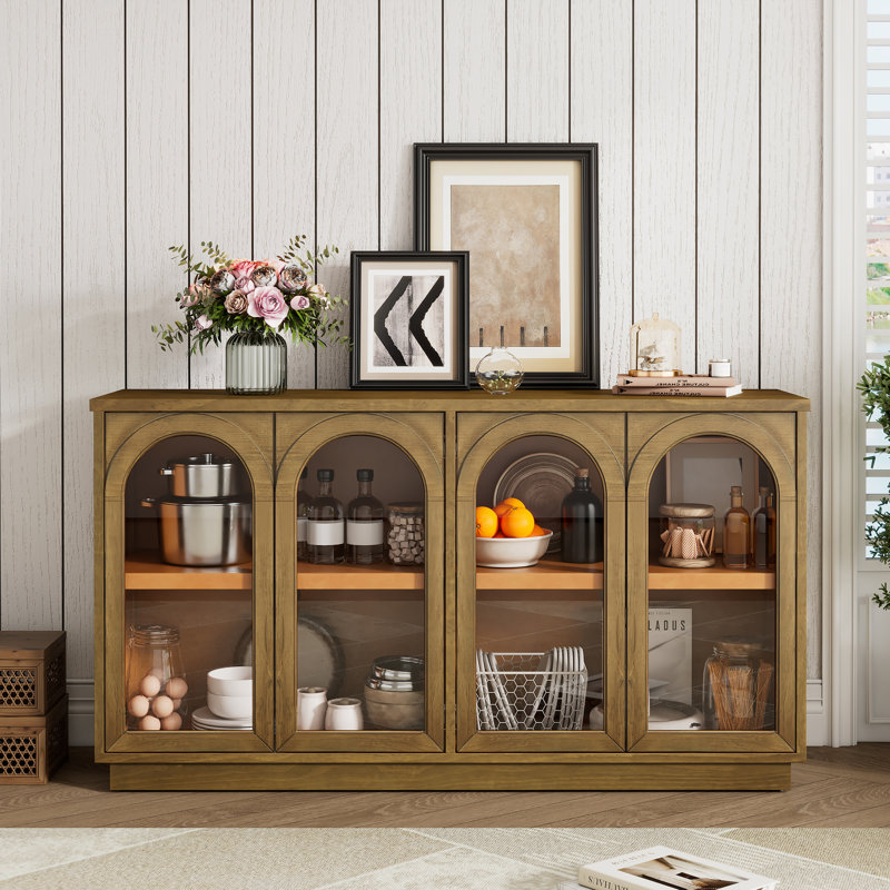 57.7'' Wide 4 - Door Filing Credenza Office Storage Cabinet With Glass Doors, Old Pine