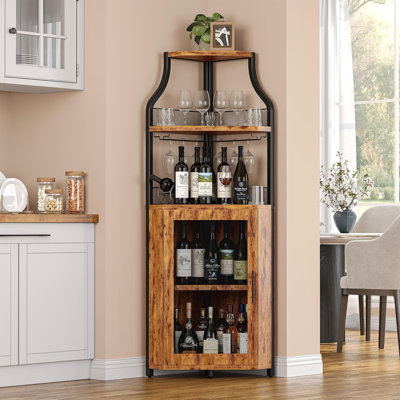 5-Tier Corner Wine Cabinet with Rack and Glass Holder, Modern Industrial Bar Cabinet for Kitchen, Living Room, or Dining Room by Latitude Run