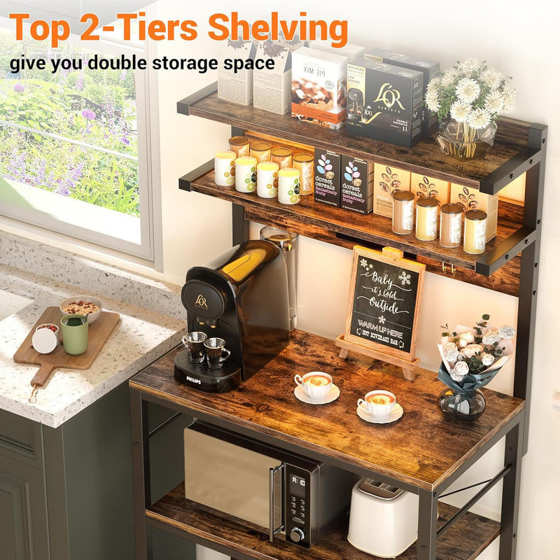 5-Tier Kitchen Microwave Stand with Power Outlet & LED Lights - Coffee Bar Station with 6 S-Hooks - Spice/Pot/Pan Storage Rack - Free Standing Utility Shelf