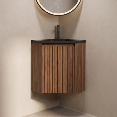 Meuble-lavabo mural triangulaire de 56 cm (22 po) avec lavabo intégré en résine noire et armoire en noyer
