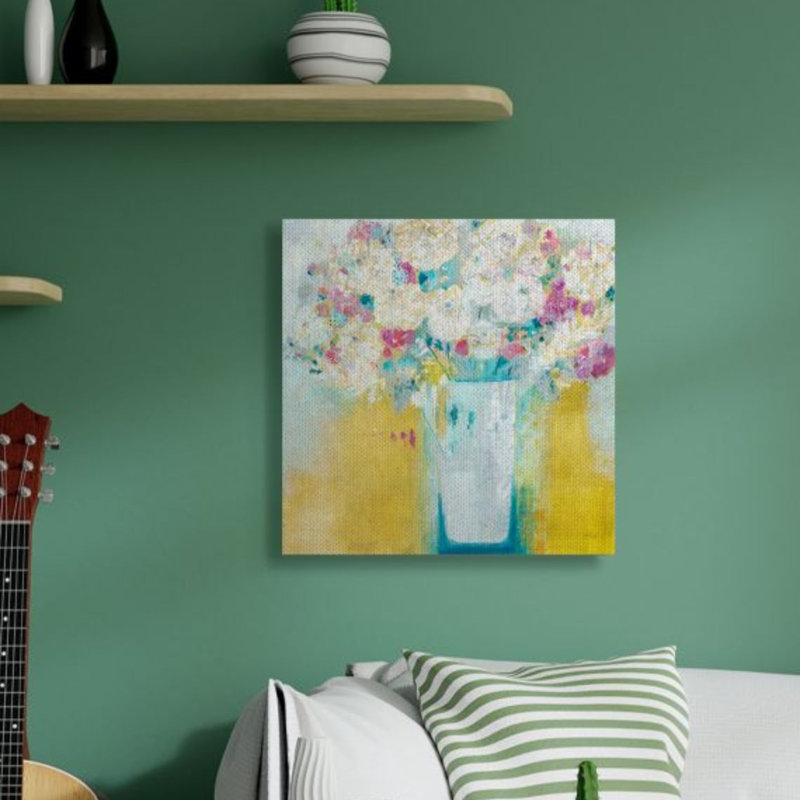 Vibrant, œillets, jaune, rose, blanc, fleurs abstraites - impression d'art graphique, Wrapped Canvas, 36" H x 36" W x 1.5" D