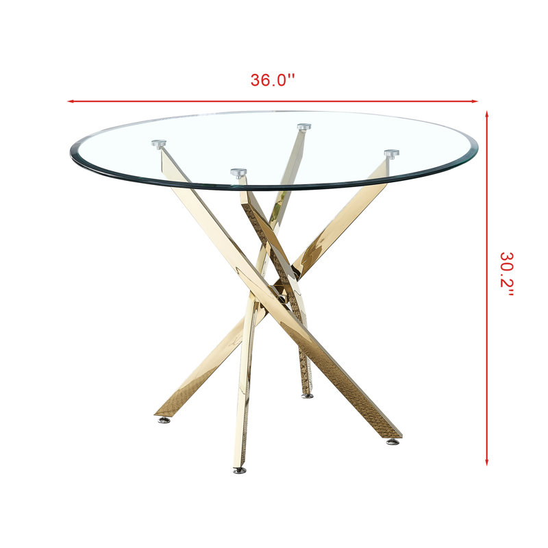36-Inch Gold Stainless Steel Base Clear Glass Dining Table Contemporary Tempered With Legs 36
