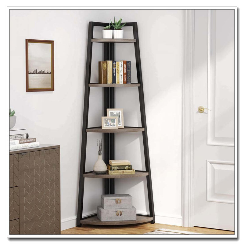 70.07" Tall Corner Shelf, 5 Tier Rustic White Corner Bookshelf Bookcase Industrial Corner Ladder Shelf, Black